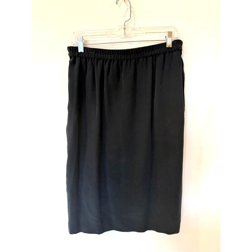 Vtg 100% silk knee length lined skirt black 10 elastic waist pockets capsule